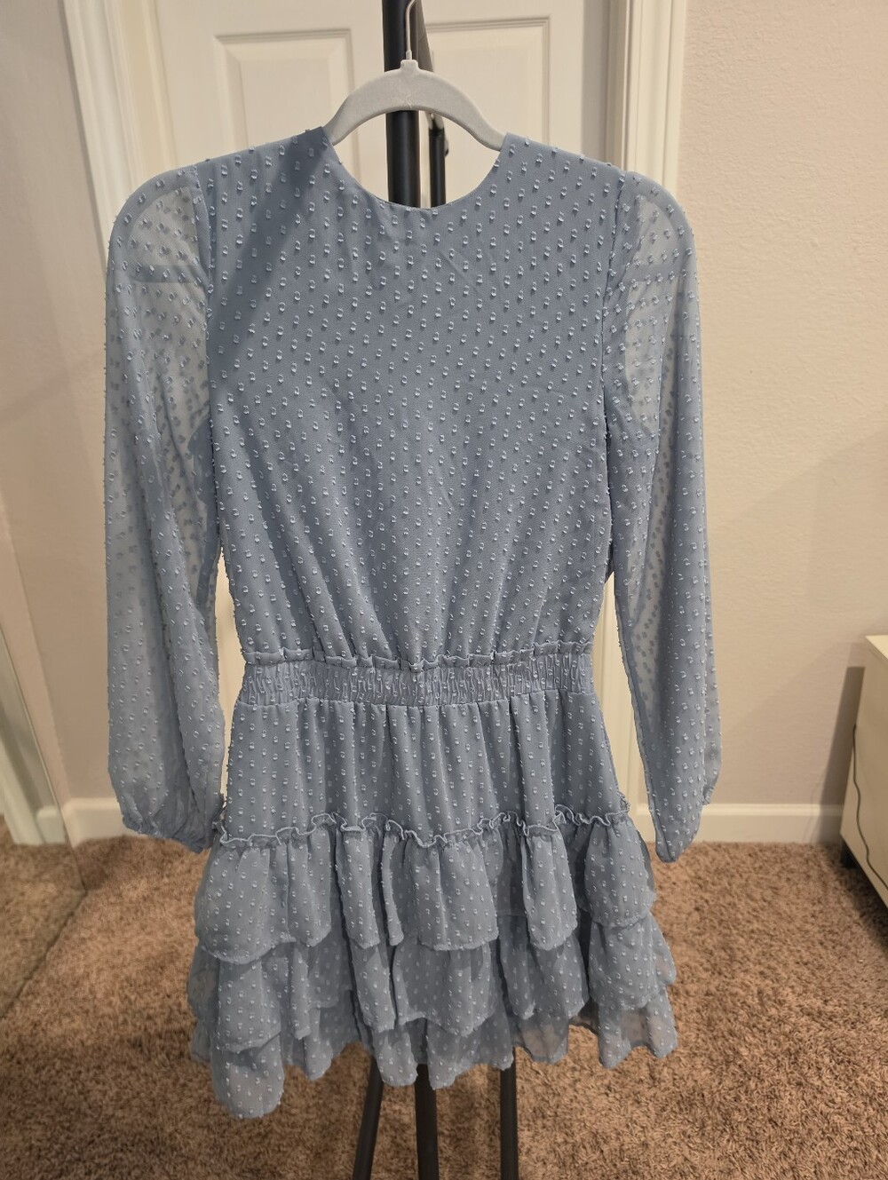 Express Blue Swiss Dot Tiered Ruffle Mini Dress Long Sleeve XS